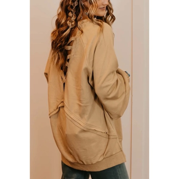 POL Mocha Criss Cross Back Slouchy French Terry Pullover - Picture 7 of 12